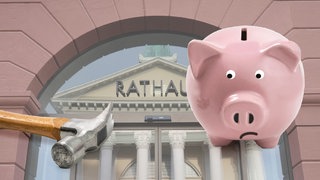 Collage aus Rathauseingang und Sparschwein