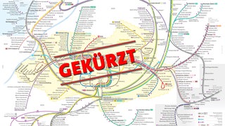 Linienplan der VBK mit dem Schriftzug "gekürzt" (Collage)