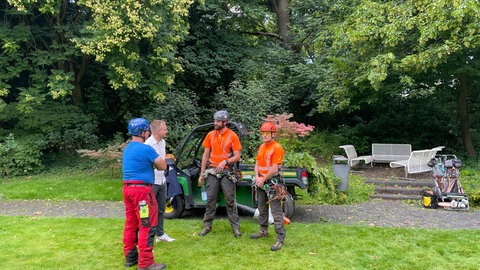 Vier Männer stehen im Karlsruher Zoo im Halbkreis. Viele tragen orangene Oberteile. Hinter ihnen steht ein kleiner Lastwagen, ähnlich wie ein Golfcart.