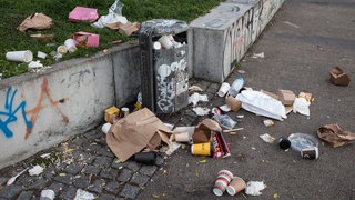 Einwegverpackungen in einem Müll und auf der Straße. (Symbolbild)