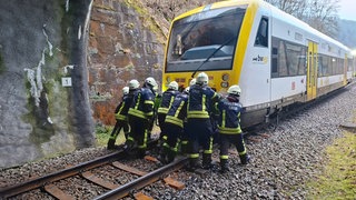 Zug und Feuerwehrmänner auf den Bahngleisen bei Calw.