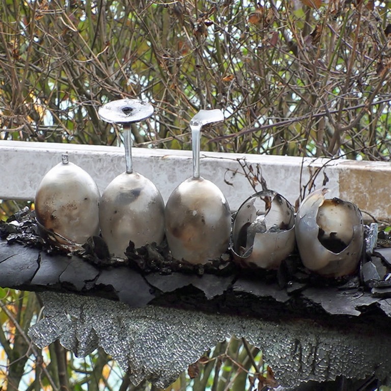Nach Brand im "Seegugger" Rheinstetten: Nur noch ein paar Reste der Trinkgläser sind zu erkennen.