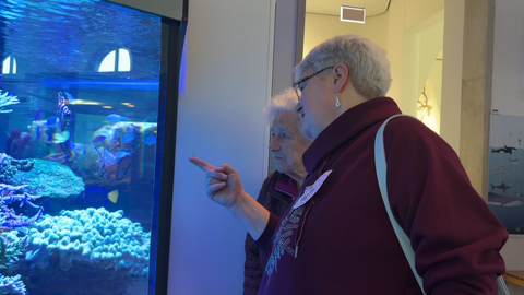 Monika und ihre Mutter Ruth gucken sich Fische im Aquarium vom Naturkundemuseum in Karlsruhe an. Es gab eine Führung für Demenzpatienten.