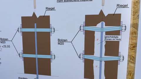 Skizzen zeigen die geschädigten Zonen im Holz des Aussichtsturms "Hohe Warte" in Pforzheim.