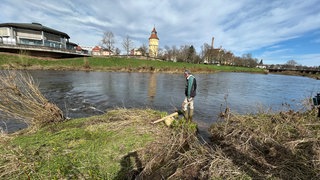 Werner Dautner steht im Wasser der Murg in Rastatt. Der Teil des Fluss wurde renaturiert.