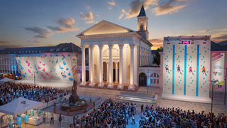 Illustration: Modell Marktplatz Karlsruhe mit zwei aufgestellten Wänden, an denen Sportler hochklettern bei den World Games 2026.