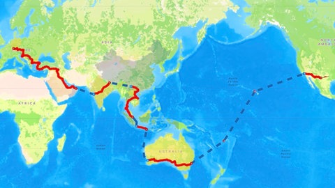 Jakob Albertis Radtour: Weltkarte mit eingezeichneter Reiseroute von Karlsruhe in die USA