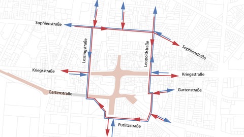 Grafiken zu geplanten Umleitungen für den Radverkehr im Bereich der Großbaustelle Kriegsstraße  Brauerstraße Reinhold-Frank-Straße.