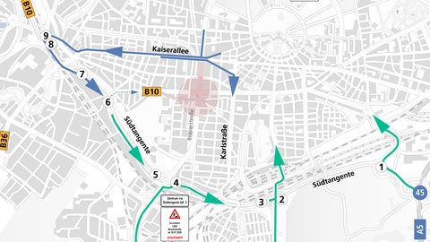 Grafiken zu geplanten Umleitungen für Autofahrer im Bereich der Großbaustelle Kriegsstraße  Reinhold-Frank-Straße  Brauerstraße.