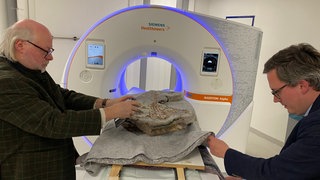 Saurierfunde werden in ein CT geschoben.