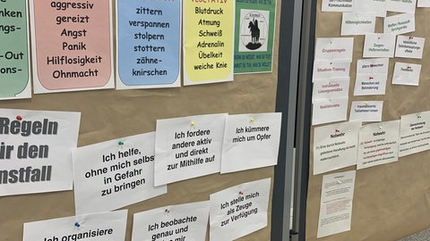 Eine Pinnwand mit den sechs Regeln für den Ernstfall. 