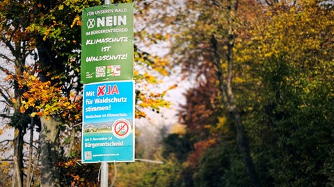 Zwei Plakate zum Bürgerentscheid in Dossenheim und Schriesheim. Das Thema: Der geplante Windpark im Waldgebiet Weißer Stein. Ein Plakat macht Werbung für die Windräder, das andere dagegen.