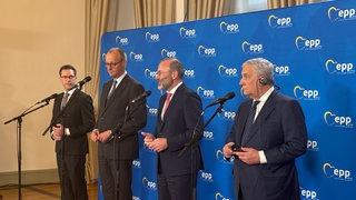 Pressekonferenz beim EVP-Treffen in Heidelberg mit Manuel Hagel, Friedrich Merz, Manfred Weber und Antonio Tajani