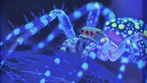 Ein Bild einer Spinne mit Schwarzlicht angestrahlt