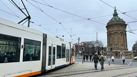 Bahn der rnv am Wasserturm in Mannheim