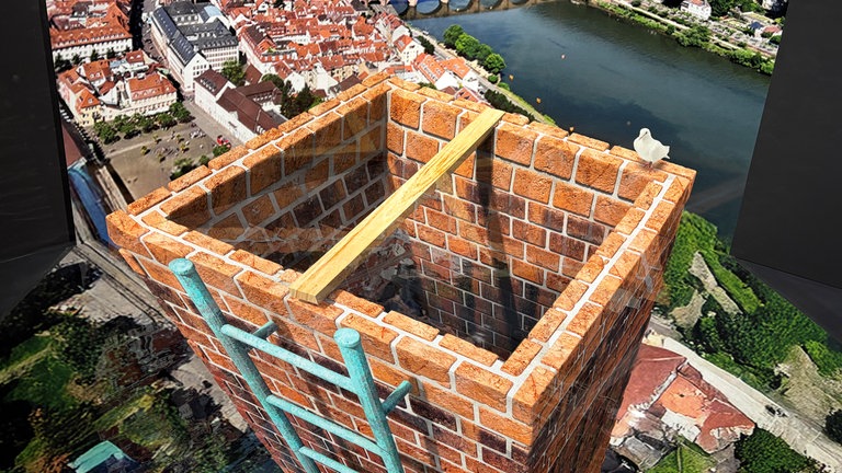 Es sieht so aus, als ob man von einem dreidimensionalen Turm auf die Stadt Heidelberg blickt. Von oben sieht man die Alte Brücke und den Neckar.