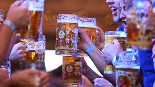 Gäste beim Frühlingsfest Stuttgart auf dem Cannstatter Wasen  stoßen im Festzelt mit Bier an. 