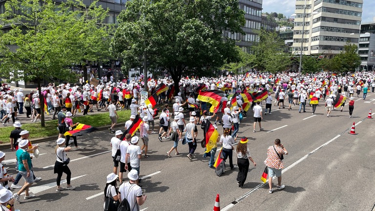 Mit viel guter Laune und "völlig losgelöst" machten sich die deutschen Fans vom Schlossgarten aus auf den Weg.