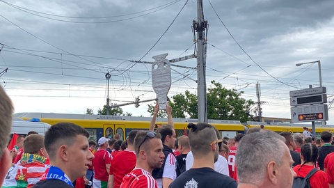 Sogar eine Attrappe des Pokals hatten die Ungarn dabei und stolz beim Marsch mitgetragen.