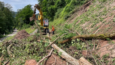 Die ehrenamtlichen Mitglieder vom Verein "Welzheimer Bahn" sind mit Aufräumarbeiten beschäftigt.