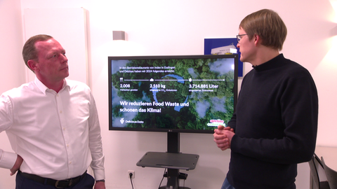 Valentin Belser (rechts) von Delicious Data zeigt seinem Kunden Georg Hitzler (links) von Apetito Catering die Erfolge aus dem Jahr 2024. 