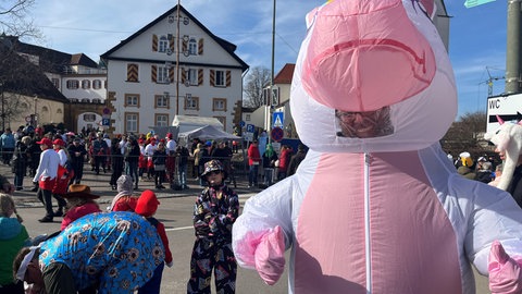 Ein Mann trägt bei der Donzdorfer ein Einhornkostüm vor dem Rathaus.