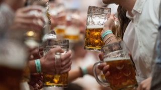 Besucher haben in einem Festzelt auf dem Frühlingsfest Stuttgart Maßkrüge in den Händen: Mit dem Osterwochende startet auf dem Cannstatter Wasen wieder der große Rummel. (Archivbild)