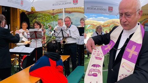Pfarrer Johannes Bräuchle feiert 2024 mit Schaustellern im Festzelt einen Gottesdienst (Archivbild)