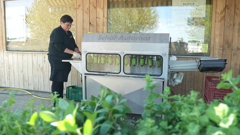Spargel-Schälautomat an Bauerles Früchtle-Scheune in Fellbach-Schmiden