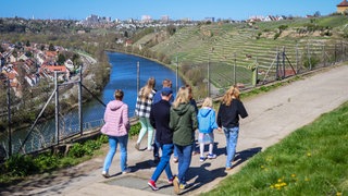 Eine Familie geht in den Weinbergen über dem Neckar bei Stuttgart spazieren. Man sieht die Stadtteile Münster (links), Freiberg (Mitte) und Steinhaldenfeld (rechts). Für eine Buga 2043 wurde der Fluss offener zugänglich werden.