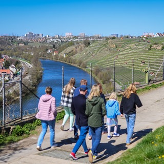 Eine Familie geht in den Weinbergen über dem Neckar bei Stuttgart spazieren. Man sieht die Stadtteile Münster (links), Freiberg (Mitte) und Steinhaldenfeld (rechts). Für eine Buga 2043 wurde der Fluss offener zugänglich werden.
