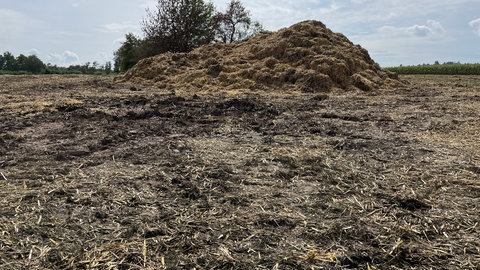 Auf einem Feld in Unterensingen liegen nach einem Feuer Reste von verbrannten Strohballen.