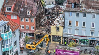 Ein nach einem Brand zerstörtes Haus in der Esslinger Altstadt