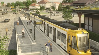 Visualisierung: Stadtbahn LUCIE steht an Haltestelle