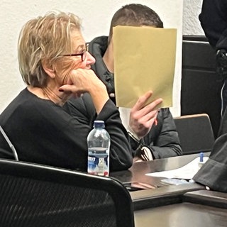 Prozess im Landgericht Stuttgart um Millionendiebstahl: Angeklagter hält Ordner vor Gesicht