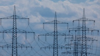Viele Strommasten vor bewölktem Himmel. 