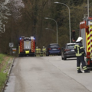 Feuerwehr an der Unfallstelle in Waiblingen: Zwischen Kleinhegnach und Neustadt ist am Dienstag ein Baum auf ein Auto gestürzt. Der Fahrer verstarb noch am Unfallort.