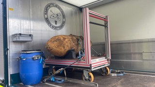 Eine Weltkriegsbombe liegt entschärft auf einer Ladefläche eines Transporters.