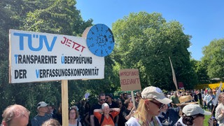 Ein Plakat auf der "PRÜF"-Demo im Schlossgarten in Stuttgart. Darauf steht "TÜV: Transparente Überprüfung der Verfassungskonformität".