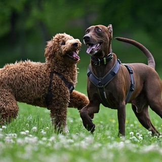 Spielende Hunde auf einer Wiese (Symbolbild)