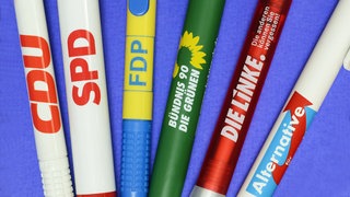 Kugelschreiber mit Logos von CDU, SPD, FDP, Grünen, Linke und AfD