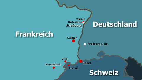 Eine Karte zeigt die Grenzregion Frankreich, Schweiz und Deutschland.