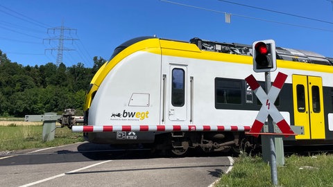 Eine S-Bahn fährt durch einen Bahnübergang in Bahlingen am Kaiserstuhl.