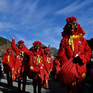 Rote Hästräger mit Hexenmaske beim Umzug des 58. Hochrheinischen Narrentreffens