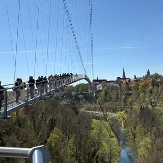 Mit der Eröffnung der "Neckarline" durften rund 300 geladene Gäste zum ersten Mal über die Hängebrücke laufen.