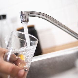 Ein Mann hält ein Glas unter einen laufenden Wasserhahn.