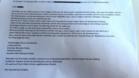Der Text einer E-Mail: Eine mutmaßliche Betrügerin meldet sich mit Geldforderungen bei einer Frau aus dem Kreis Tuttlingen.