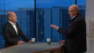 Kanzler Olaf Scholz (SPD) im ARD-Hauptstadtstudio mit dem Tübinger Bäcker Hermann Leimgruber: Im Morgenmagazin diskutieren die beiden über die Sozialabgaben in Deutschland.