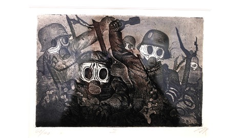 Eine Zeichnung von Otto Dix, die Soldaten mit Atemmasken zeigt: Sie ist Teil der neuen Ausstellung im Kunstmuseum Albstadt.