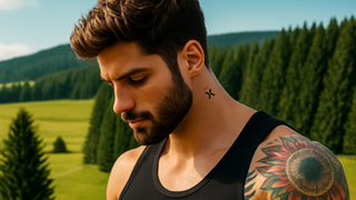 Ein Mann hat ein Tattoo am Hals mit einem "X". Es soll auf die Gartenschau Freudenstadt Baiersbronn aufmerksam machen.